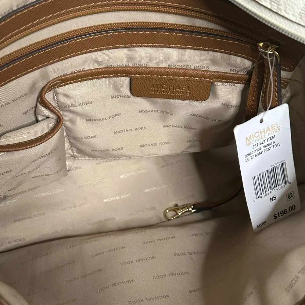 Michael Kors Vanilla MK Signature Logo Jet Set Tote Bag Brown Leather Straps NWT - Picture 6 of 13